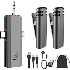 PQSR Plug & Play Wireless Lavalier Lapel Streaming Microphone 2 Pack (1RX+2TX)
